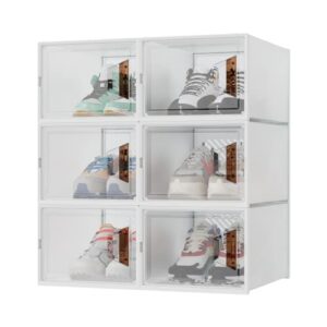 closacessy 6 pack shoe box clear platic stackable shoe storage containers, drop front sneaker storage space saving shoe organizer box, fit up to size 14 white