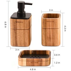 Lunavita Bathroom Accessories Set 3 Piece Bath Ensemble Includes Soap Dispenser, Bathroom Tumbler, Soap Dish Accessories for Decorative Countertop and Housewarming Gift,Acacia Wood