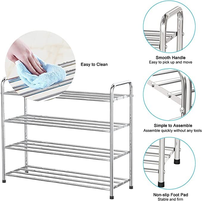 NEFSO 3-Tier Shoe Rack, 100% Stainless Steel Shoe Cabinet, Stackable 9 Pairs of Storage Racks, Suitable for Bedroom, Closet, Entrance, Dorm, L26 w9 h20(Silver)-Three Floors-Silver