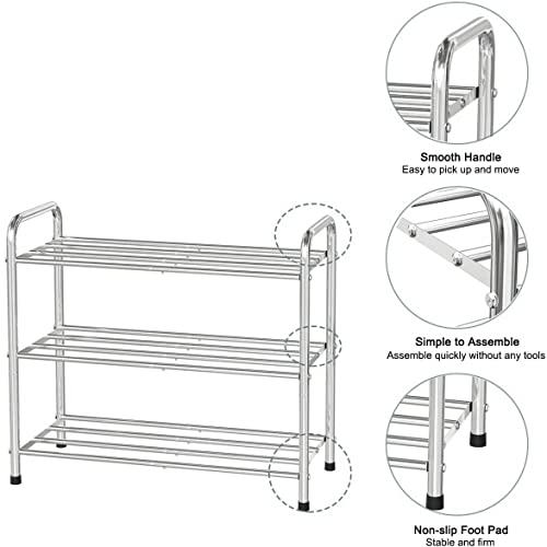 NEFSO 3-Tier Shoe Rack, 100% Stainless Steel Shoe Cabinet, Stackable 9 Pairs of Storage Racks, Suitable for Bedroom, Closet, Entrance, Dorm, L26 w9 h20(Silver)-Three Floors-Silver