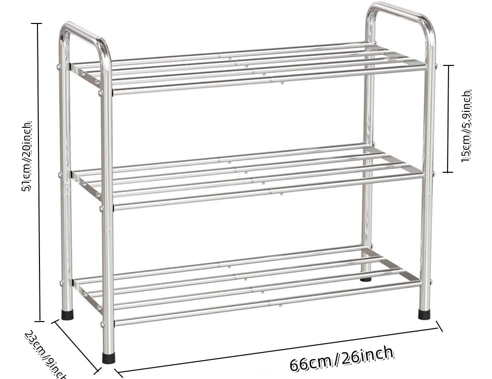 NEFSO 3-Tier Shoe Rack, 100% Stainless Steel Shoe Cabinet, Stackable 9 Pairs of Storage Racks, Suitable for Bedroom, Closet, Entrance, Dorm, L26 w9 h20(Silver)-Three Floors-Silver