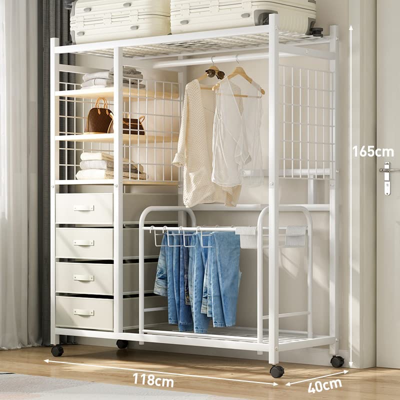 PETIARKIT Clothing Rack Heavy Duty Metal Clothes Rack with 4 drawers, Separate Closet Metal Closet for Hanging Clothes, White