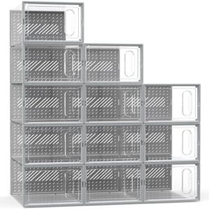 gonat large shoe organizers, clear shoe boxes stackable, good replacement for shoe rack, under bed, grey.