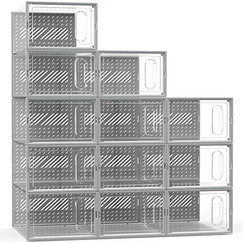 GONAT Large Shoe Organizers, Clear Shoe Boxes Stackable, Good Replacement For Shoe Rack, Under Bed, Grey.