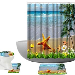 amagical 16 pieces bathroom mat set shower curtain set starfish sea beach with flowers blue ocean bath mat contour mat toilet cover shower curtain with 12 hooks