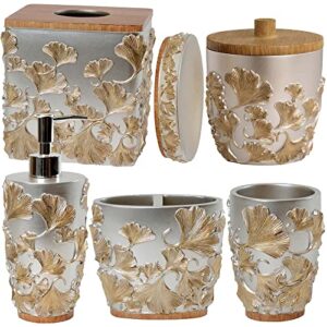 bathroom accessories set - 6 pieces includes soap lotion dispenser tooth brush holder soap dish tumbler cotton jar tissue box for modern decorative countertop housewarming gift - silver gold