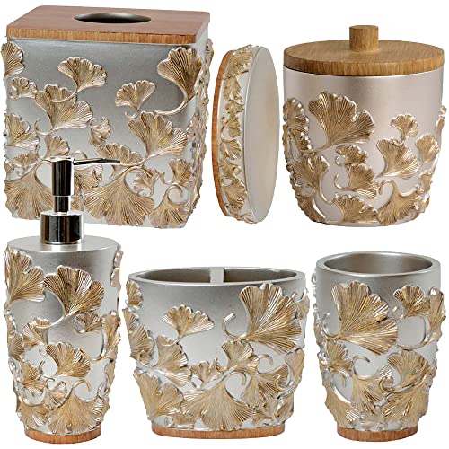 Bathroom Accessories Set - 6 Pieces Includes Soap Lotion Dispenser Tooth Brush Holder Soap Dish Tumbler Cotton Jar Tissue Box for Modern Decorative Countertop Housewarming Gift - Silver Gold