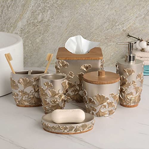 Bathroom Accessories Set - 6 Pieces Includes Soap Lotion Dispenser Tooth Brush Holder Soap Dish Tumbler Cotton Jar Tissue Box for Modern Decorative Countertop Housewarming Gift - Silver Gold