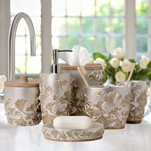 Bathroom Accessories Set - 6 Pieces Includes Soap Lotion Dispenser Tooth Brush Holder Soap Dish Tumbler Cotton Jar Tissue Box for Modern Decorative Countertop Housewarming Gift - Silver Gold