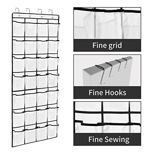 smellshark Hanging Shoe Rack Holder with 28 Extra Large Mesh Pockets Door Shoe Organizer with 4 Metal Hooks for Men,Women,Kids Storage Shoes,High Heels,Slippers,Accessories,Toiletries, White