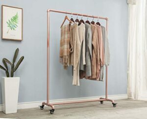fof friend of family (63" tall,1" pipe,rose gold color) industrial pipe clothing rack vintage garment rack pipeline rolling clothing racks on wheels.