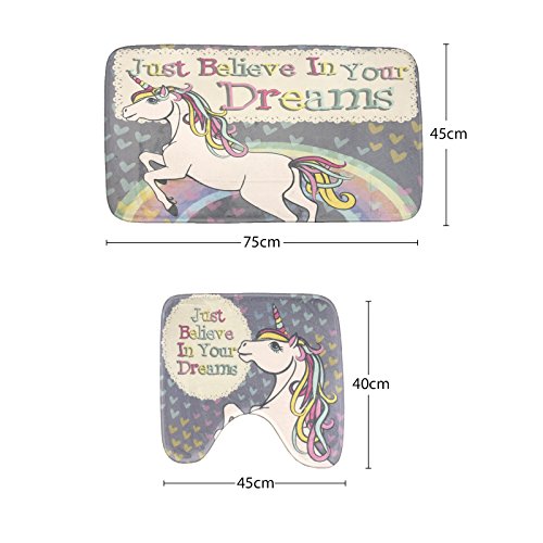 Amagical Teen Girls Decor Bathroom Mat Set Shower Curtain Set 3Piece Unicorn with Believe in Your Dreams Bathtub Mat Contour Mat Fabric Shower Curtain