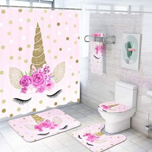 7 pcs unicorn shower curtain sets with rugs and bath towel, non-slip rug, toilet lid cover, bath mat and towel, pink cartoon unicorn bathroom shower curtain with 12 hooks for kids girl bathroom, large