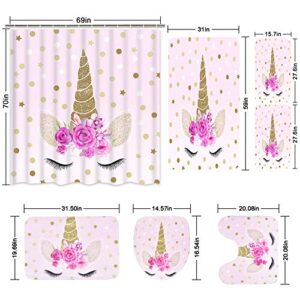 7 Pcs Unicorn Shower Curtain Sets with Rugs and Bath Towel, Non-Slip Rug, Toilet Lid Cover, Bath Mat and Towel, Pink Cartoon Unicorn Bathroom Shower Curtain with 12 Hooks for Kids Girl Bathroom, Large