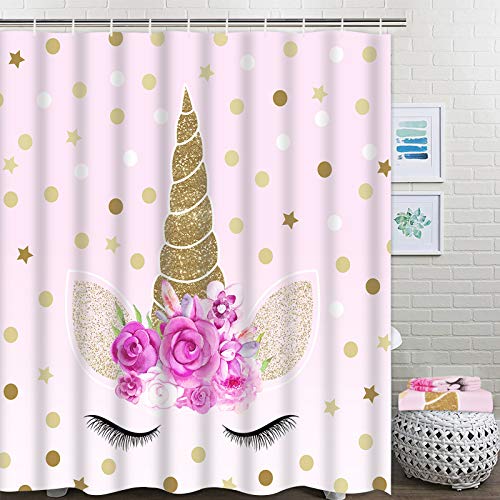 7 Pcs Unicorn Shower Curtain Sets with Rugs and Bath Towel, Non-Slip Rug, Toilet Lid Cover, Bath Mat and Towel, Pink Cartoon Unicorn Bathroom Shower Curtain with 12 Hooks for Kids Girl Bathroom, Large