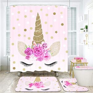 7 Pcs Unicorn Shower Curtain Sets with Rugs and Bath Towel, Non-Slip Rug, Toilet Lid Cover, Bath Mat and Towel, Pink Cartoon Unicorn Bathroom Shower Curtain with 12 Hooks for Kids Girl Bathroom, Large