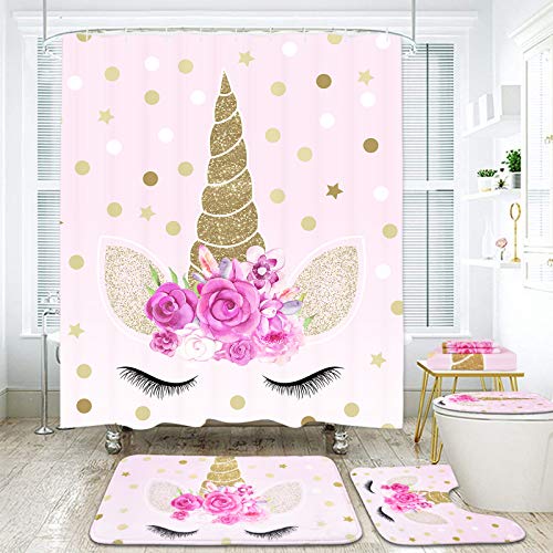 7 Pcs Unicorn Shower Curtain Sets with Rugs and Bath Towel, Non-Slip Rug, Toilet Lid Cover, Bath Mat and Towel, Pink Cartoon Unicorn Bathroom Shower Curtain with 12 Hooks for Kids Girl Bathroom, Large