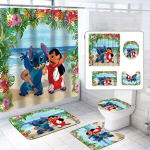 reagtught 4pcs lilo & stitch shower curtain set with non-slip rugs toilet lid cover and bath mat cartoon shower curtain with 12 hooks durable waterproof shower curtain for bathroom set decor
