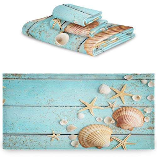 Naanle 3D Wooden Board Starfish Shells Summer Soft Luxury Decorative Set of 3 Towels, 1 Bath Towel+1 Hand Towel+1 Washcloth, Multipurpose for Bathroom, Hotel, Gym, Spa and Kitchen