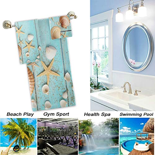 Naanle 3D Wooden Board Starfish Shells Summer Soft Luxury Decorative Set of 3 Towels, 1 Bath Towel+1 Hand Towel+1 Washcloth, Multipurpose for Bathroom, Hotel, Gym, Spa and Kitchen