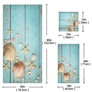 Naanle 3D Wooden Board Starfish Shells Summer Soft Luxury Decorative Set of 3 Towels, 1 Bath Towel+1 Hand Towel+1 Washcloth, Multipurpose for Bathroom, Hotel, Gym, Spa and Kitchen