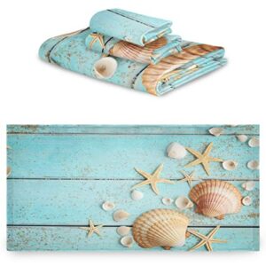 Naanle 3D Wooden Board Starfish Shells Summer Soft Luxury Decorative Set of 3 Towels, 1 Bath Towel+1 Hand Towel+1 Washcloth, Multipurpose for Bathroom, Hotel, Gym, Spa and Kitchen