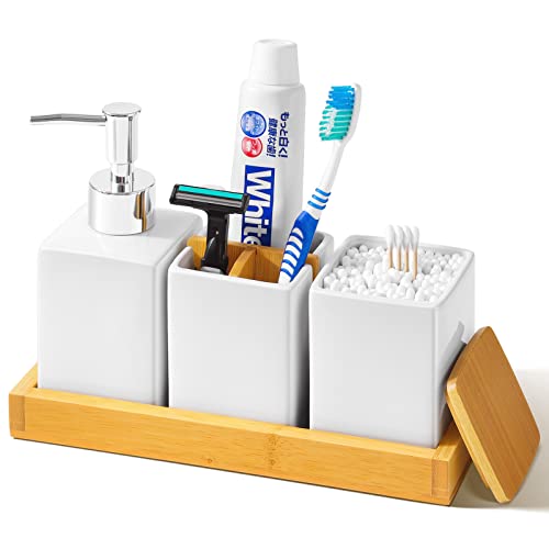 VITVITI Bamboo Bathroom Accessories, White Bathroom Organizer Countertop, Soap Dispenser and Toothbrush Holder Set, Vanity Tray for Bathroom, 4 Pieces Ceramics Decor