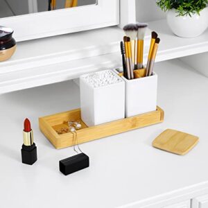 VITVITI Bamboo Bathroom Accessories, White Bathroom Organizer Countertop, Soap Dispenser and Toothbrush Holder Set, Vanity Tray for Bathroom, 4 Pieces Ceramics Decor