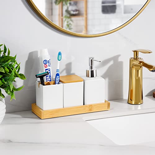 VITVITI Bamboo Bathroom Accessories, White Bathroom Organizer Countertop, Soap Dispenser and Toothbrush Holder Set, Vanity Tray for Bathroom, 4 Pieces Ceramics Decor