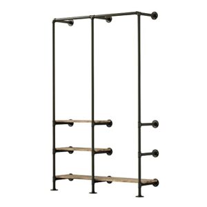 heoniture industrial pipe clothing rack with shelves, wall mounted garment rack, heavy duty choset clothes rack for indoor bedroom and as walk-in closet system(black)