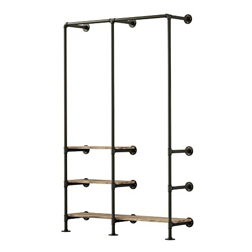 HEONITURE Industrial Pipe Clothing Rack with Shelves, Wall Mounted Garment Rack, Heavy Duty Choset Clothes Rack for Indoor Bedroom and as walk-in Closet System(Black)