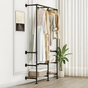 HEONITURE Industrial Pipe Clothing Rack with Shelves, Wall Mounted Garment Rack, Heavy Duty Choset Clothes Rack for Indoor Bedroom and as walk-in Closet System(Black)