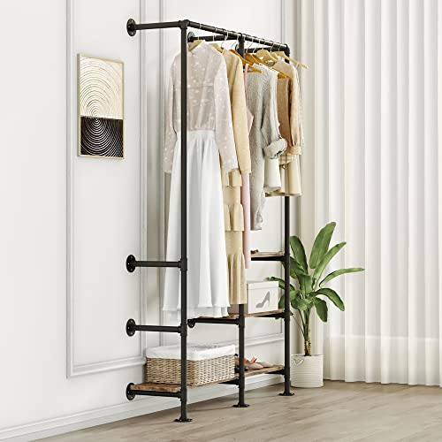 HEONITURE Industrial Pipe Clothing Rack with Shelves, Wall Mounted Garment Rack, Heavy Duty Choset Clothes Rack for Indoor Bedroom and as walk-in Closet System(Black)