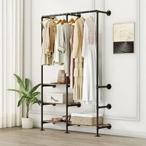 HEONITURE Industrial Pipe Clothing Rack with Shelves, Wall Mounted Garment Rack, Heavy Duty Choset Clothes Rack for Indoor Bedroom and as walk-in Closet System(Black)