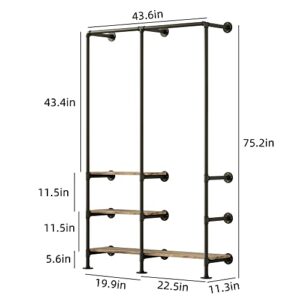 HEONITURE Industrial Pipe Clothing Rack with Shelves, Wall Mounted Garment Rack, Heavy Duty Choset Clothes Rack for Indoor Bedroom and as walk-in Closet System(Black)