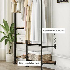 HEONITURE Industrial Pipe Clothing Rack with Shelves, Wall Mounted Garment Rack, Heavy Duty Choset Clothes Rack for Indoor Bedroom and as walk-in Closet System(Black)