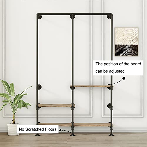 HEONITURE Industrial Pipe Clothing Rack with Shelves, Wall Mounted Garment Rack, Heavy Duty Choset Clothes Rack for Indoor Bedroom and as walk-in Closet System(Black)