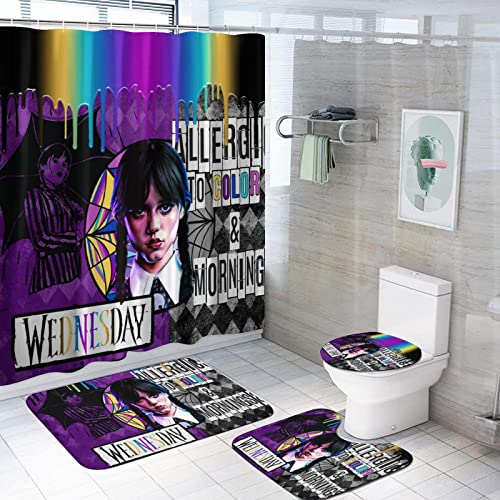 VOZUKO 4pcs Wednesday Shower Curtain Set, Wednesday Girl Bathroom Rugs, Including Waterproof Shower Curtain,Non-Slip Rug, Toilet Lid Cover, Bath Mat and 12 Hooks, 72x72in