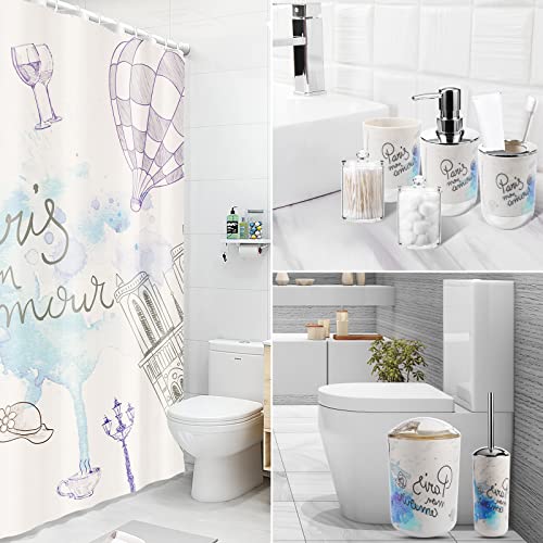 Bathroom Accessories Set Complete with Paris Tower Shower Curtain,9 Piece Bathroom Sets with Toothbrush Holder,Toothbrush Cup,Lotion Soap Dispenser,Soap Dish,Toilet Brush,Trash Can,Qtip Holder