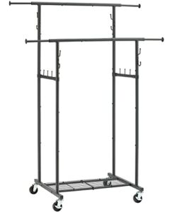 gewudraw double rod garment rack, heavy duty clothes rack, metal rolling garment rack with wheels, shelves and hooks, clothing garment rack closet organizer freestanding hanger for hanging clothes