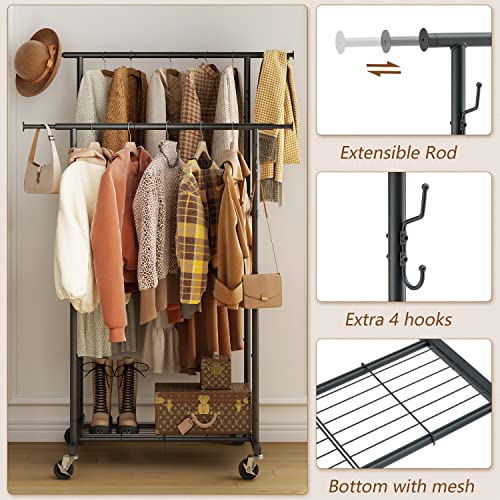 Gewudraw Double Rod Garment Rack, Heavy Duty Clothes Rack, Metal Rolling Garment Rack with Wheels, Shelves and Hooks, Clothing Garment Rack Closet Organizer Freestanding Hanger for Hanging Clothes