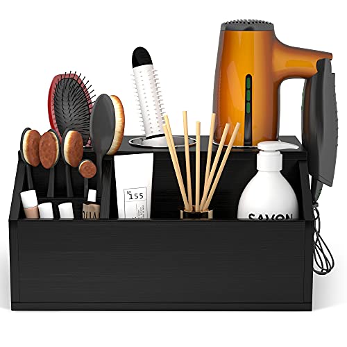 AKTOP Wooden Hair Tool Organizer - Blow Dryer Holder, Hair Styling Tools & Accessories Organizer, Bathroom Vanity Countertop Storage for Hair Dryer, Flat Irons, Curling Irons - Hold Hot Tools, Black