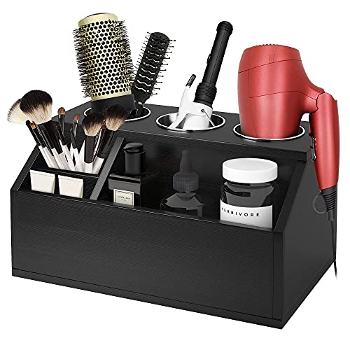 AKTOP Wooden Hair Tool Organizer - Blow Dryer Holder, Hair Styling Tools & Accessories Organizer, Bathroom Vanity Countertop Storage for Hair Dryer, Flat Irons, Curling Irons - Hold Hot Tools, Black