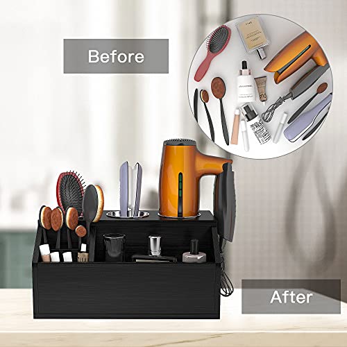 AKTOP Wooden Hair Tool Organizer - Blow Dryer Holder, Hair Styling Tools & Accessories Organizer, Bathroom Vanity Countertop Storage for Hair Dryer, Flat Irons, Curling Irons - Hold Hot Tools, Black