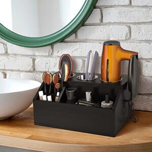 AKTOP Wooden Hair Tool Organizer - Blow Dryer Holder, Hair Styling Tools & Accessories Organizer, Bathroom Vanity Countertop Storage for Hair Dryer, Flat Irons, Curling Irons - Hold Hot Tools, Black