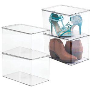 mdesign stackable plastic closet storage container bin box with hinge lid for organizing shoes, booties, pumps, sandals, wedges, flats, heels - lumiere collection - 4 pack - clear