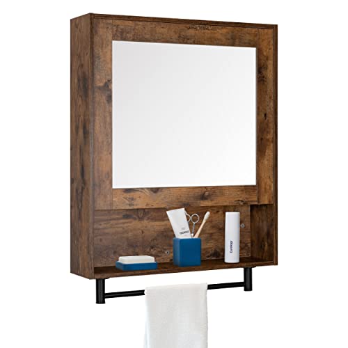 eclife 23" x 28" Wall Mirror Cabinet, 3-Tier Medicine Cabinet with Single Door, Towel Bar, Over The Toilet Space Savor Storage for Bathroom, Rustic Brown