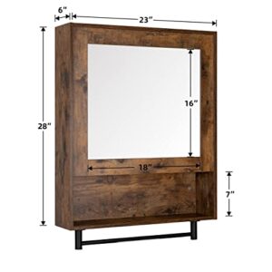 eclife 23" x 28" Wall Mirror Cabinet, 3-Tier Medicine Cabinet with Single Door, Towel Bar, Over The Toilet Space Savor Storage for Bathroom, Rustic Brown