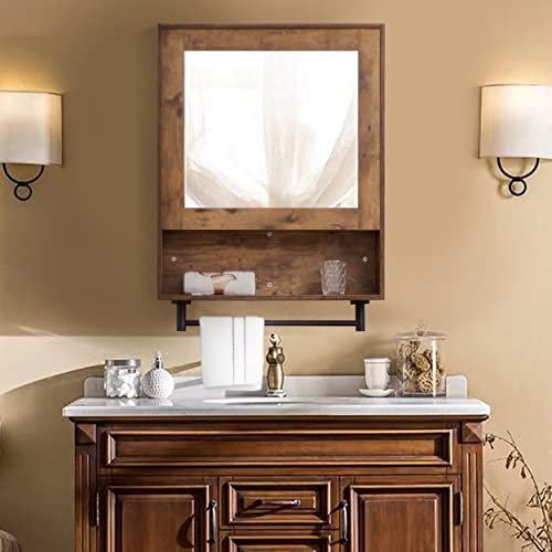 eclife 23" x 28" Wall Mirror Cabinet, 3-Tier Medicine Cabinet with Single Door, Towel Bar, Over The Toilet Space Savor Storage for Bathroom, Rustic Brown
