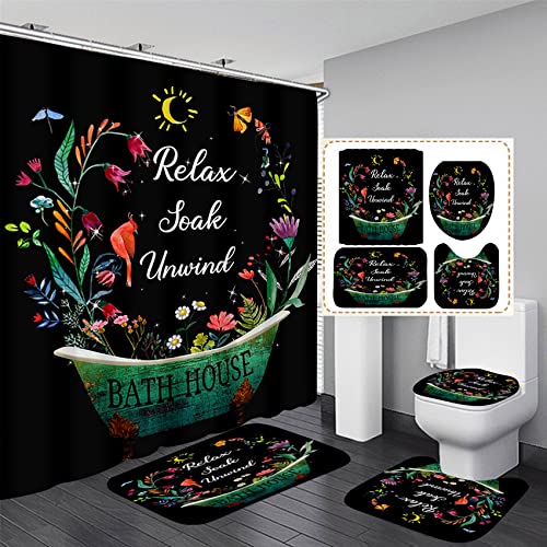 4 Pcs Farmhouse Black Shower Curtain Set Vintage Flowers Bathroom Sets with Shower Curtain and Rugs Rustic Bathroom Decor Country Bathtub Bathroom Accessories Bathroom Rugs Mat Toliet Lid Cover